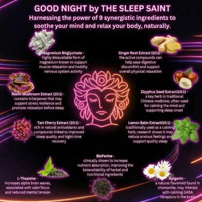 Promotional graphic for 'Good Night' by The Sleep Saint with ingredients and benefits listed.