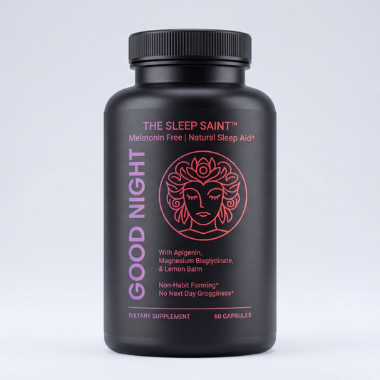 Black bottle of 'The Sleep Saint' Good Night supplement on a light gray background
